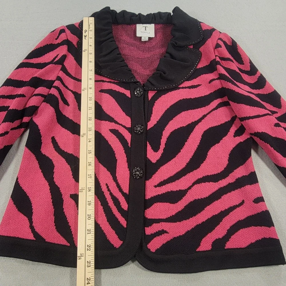 Toula Zebra Print Knit Blazer Jacket Ruffle Collar Embellished Buttons Womens 10